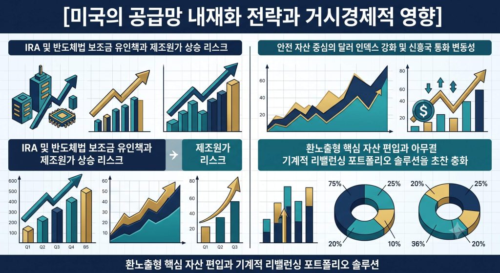 미국의 공급망 자국 유치 제도와 IRA 규제 장벽 경로 및 개인의 자산 분산 솔루션을 한글 타이틀로 명시한 요약 인포그래픽 구조도