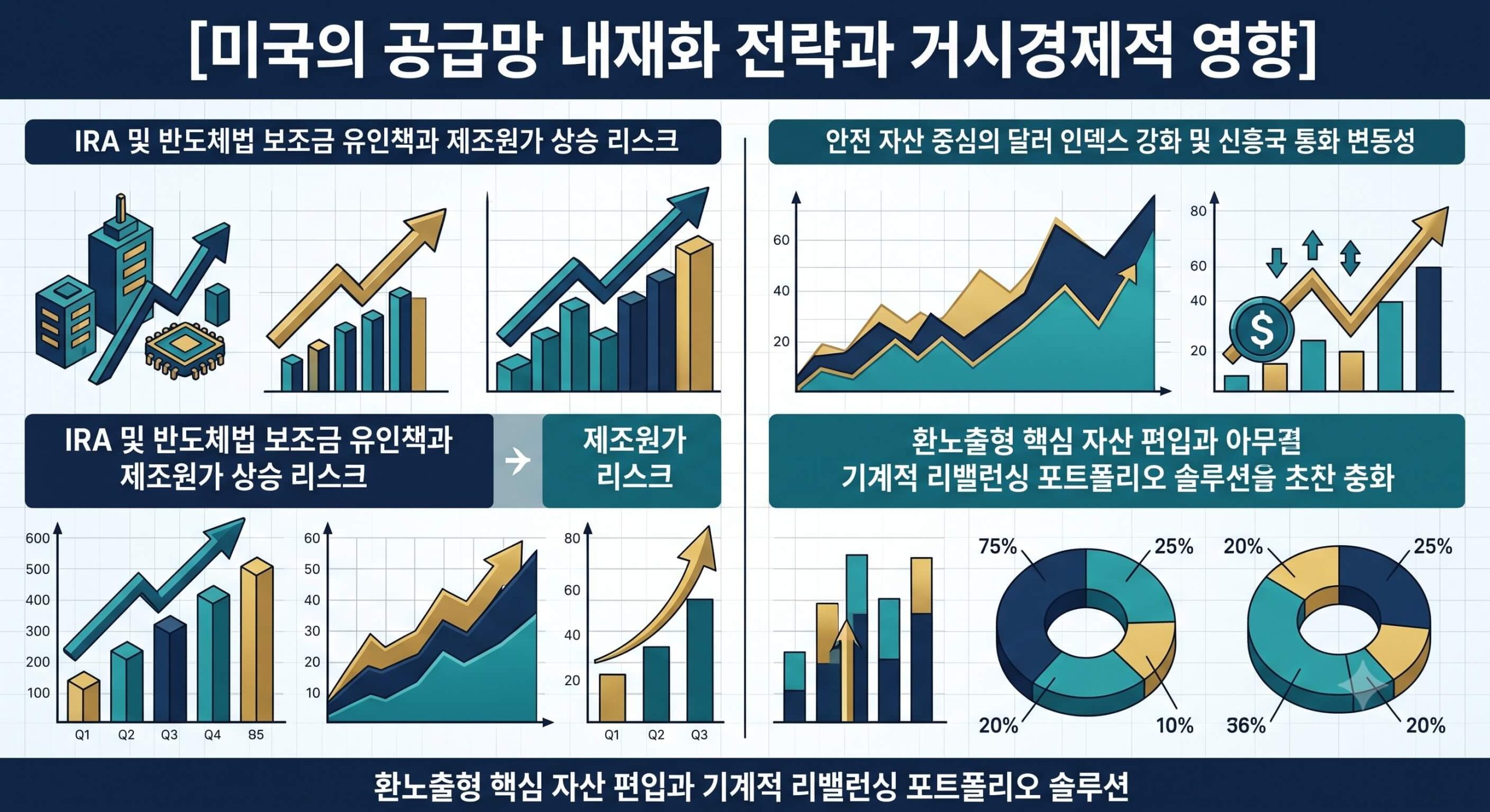 미국의 공급망 자국 유치 제도와 IRA 규제 장벽 경로 및 개인의 자산 분산 솔루션을 한글 타이틀로 명시한 요약 인포그래픽 구조도