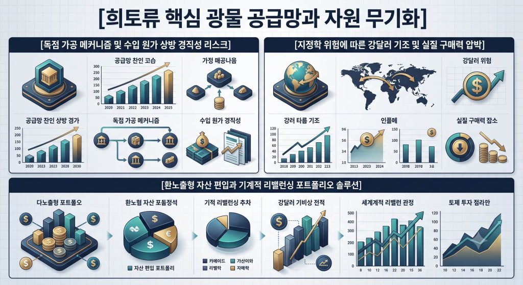 희토류 자원 무기화 무역 구조와 공급망 규제 경로 및 개인의 자산 분산 솔루션을 한글 타이틀로 명시한 요약 인포그래픽 구조도