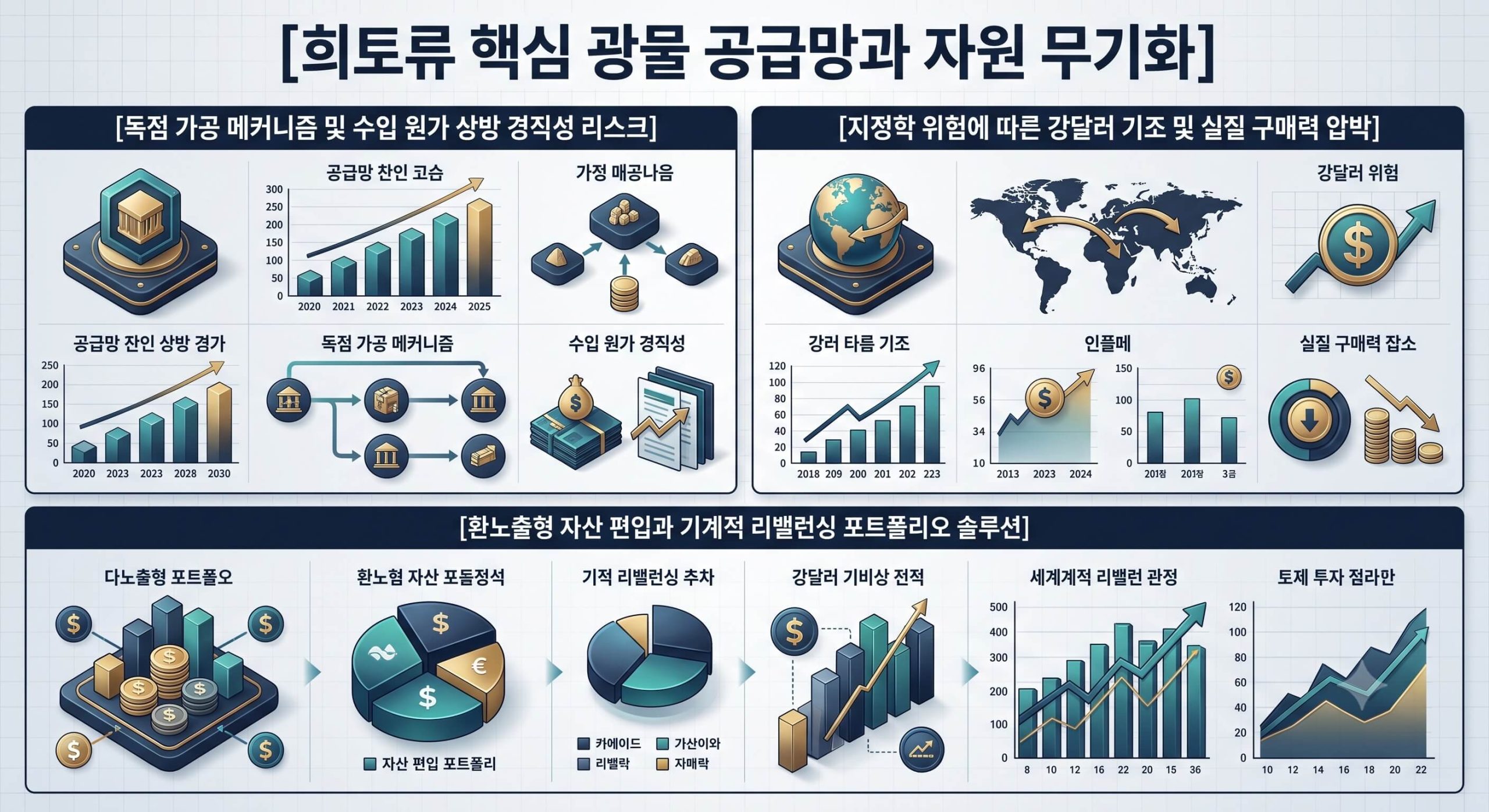 자원 무기화 무역 구조와 공급망 규제 경로 및 개인의 자산 분산 솔루션을 한글 타이틀로 명시한 요약 인포그래픽 구조도