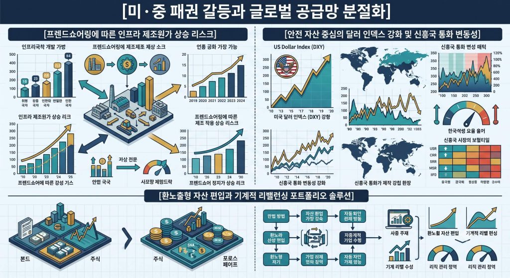 미·중 패권 갈등과  공급망 규제 경로 및 개인의 자산 분산 솔루션을 한글 타이틀로 명시한 통합 요약 인포그래픽 구조도