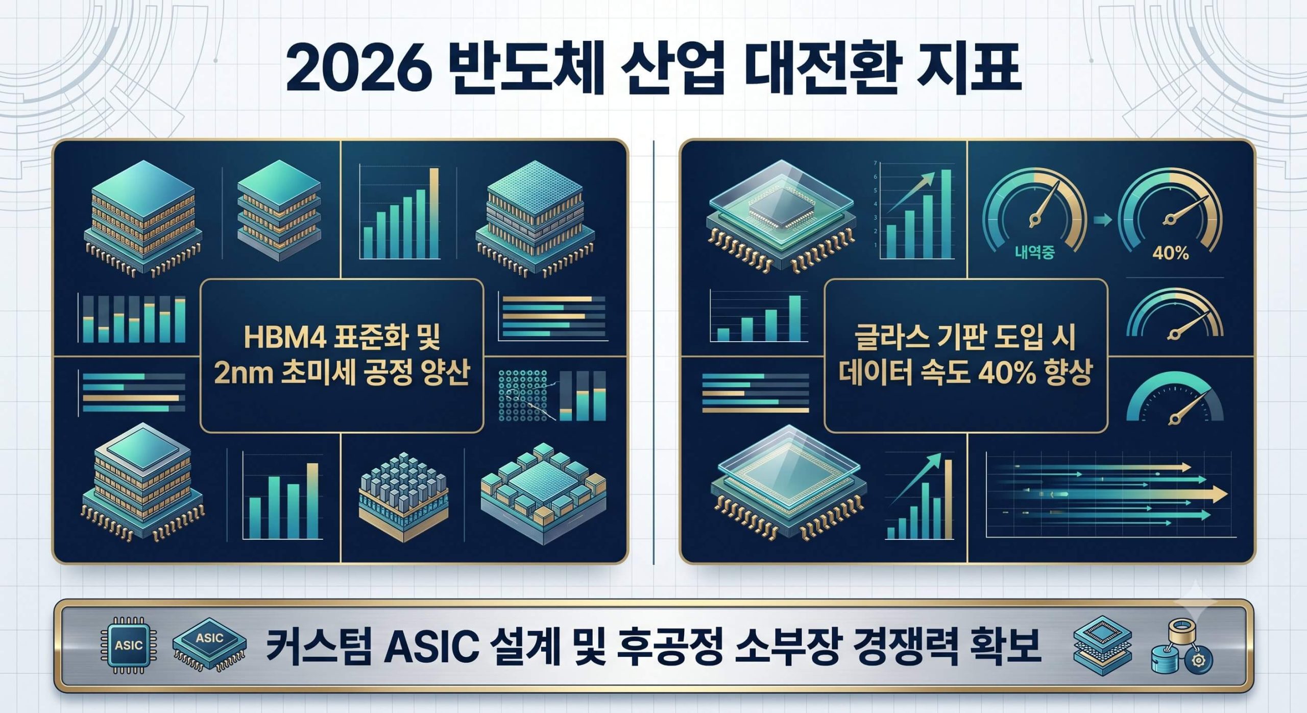 2026년 반도체 대전환의 핵심인 2nm 공정, HBM4 표준화, 글라스 기판 상용화 지표를 명확한 한글 타이틀과 함께 도식화한 인포그래픽