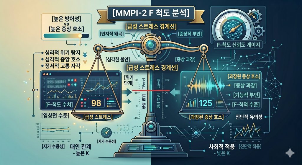 F 척도가 급성 스트레스 상태와 증상 과장의 경계선을 정밀하게 여과하는 통계 구조의 한글 타이틀 포함 인포그래픽 일러스트
