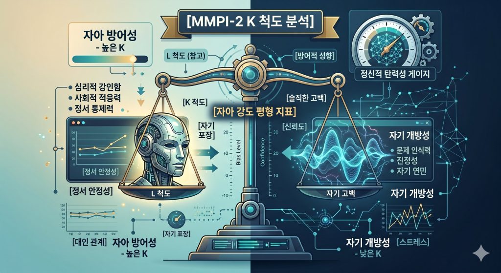 K 척도가 지적 세련미와 자아 강도의 균형을 측정하는 메커니즘을 시각화한 한글 타이틀 포함 인포그래픽 일러스트