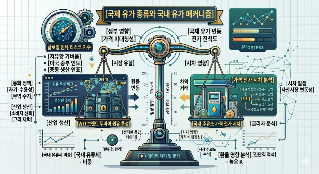 세계 3대 원유의 분류와 국내 유가 전가 시차 과정을 한글 타이틀로 명시한 인포그래픽 구조도