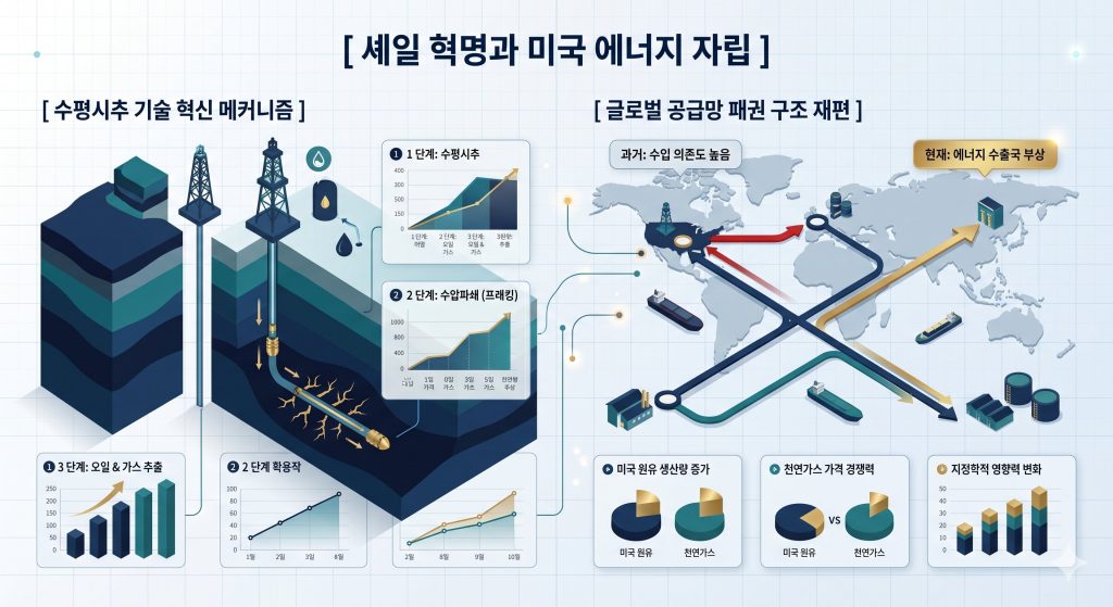 미국의 원유 채굴 기술 혁신이 글로벌 자원 독점 구조를 깨뜨리는 경로를 한글 타이틀로 명시한 인포그래픽 구조도