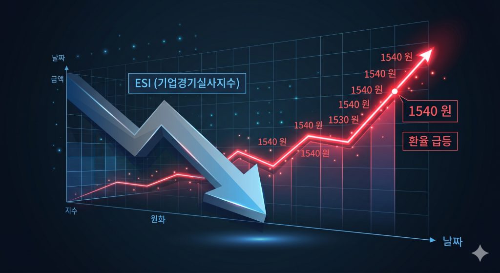 6월 기업 경기 전망 악화 지표와 원/달러 환율 1,540원대 돌파 추이를 비교한 테크니컬 인포그래픽