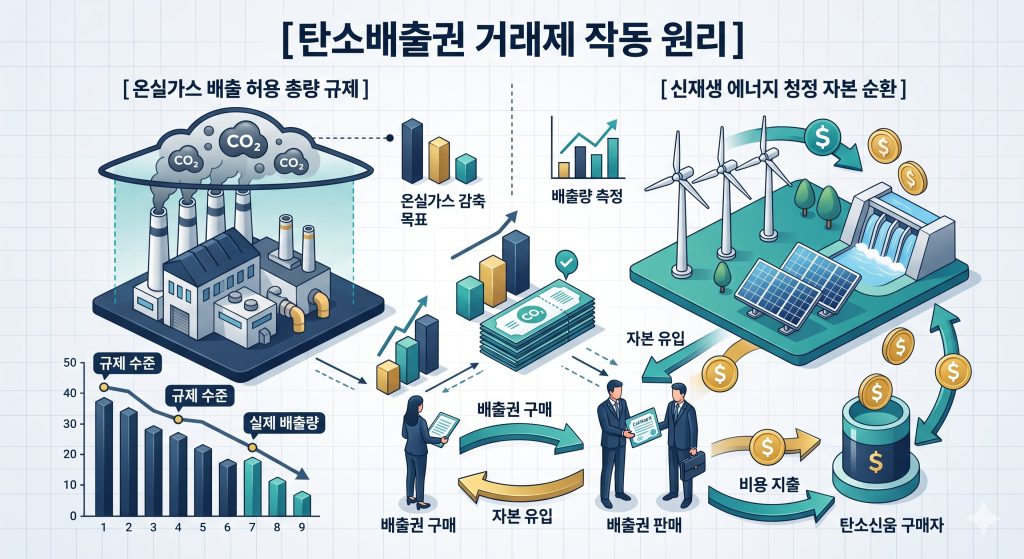 정부의 배출 권리 할당과 기업 간 탄소배출권 거래 경로를 한글 타이틀로 명시한 인포그래픽 구조도