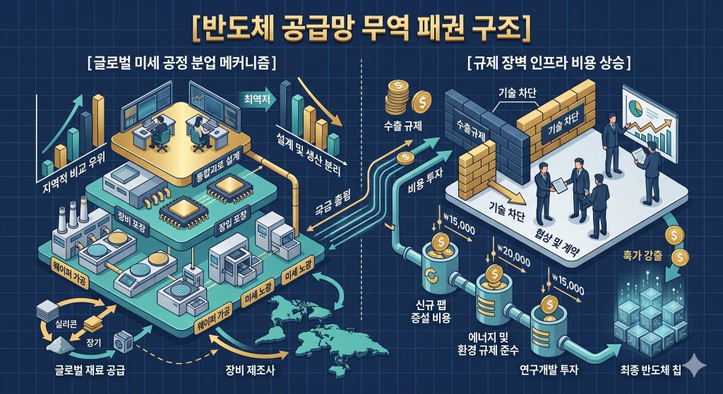 글로벌 테크 자본 유치와 반도체 공급망 규제 경로를 한글 타이틀로 명시한 인포그래픽 구조도