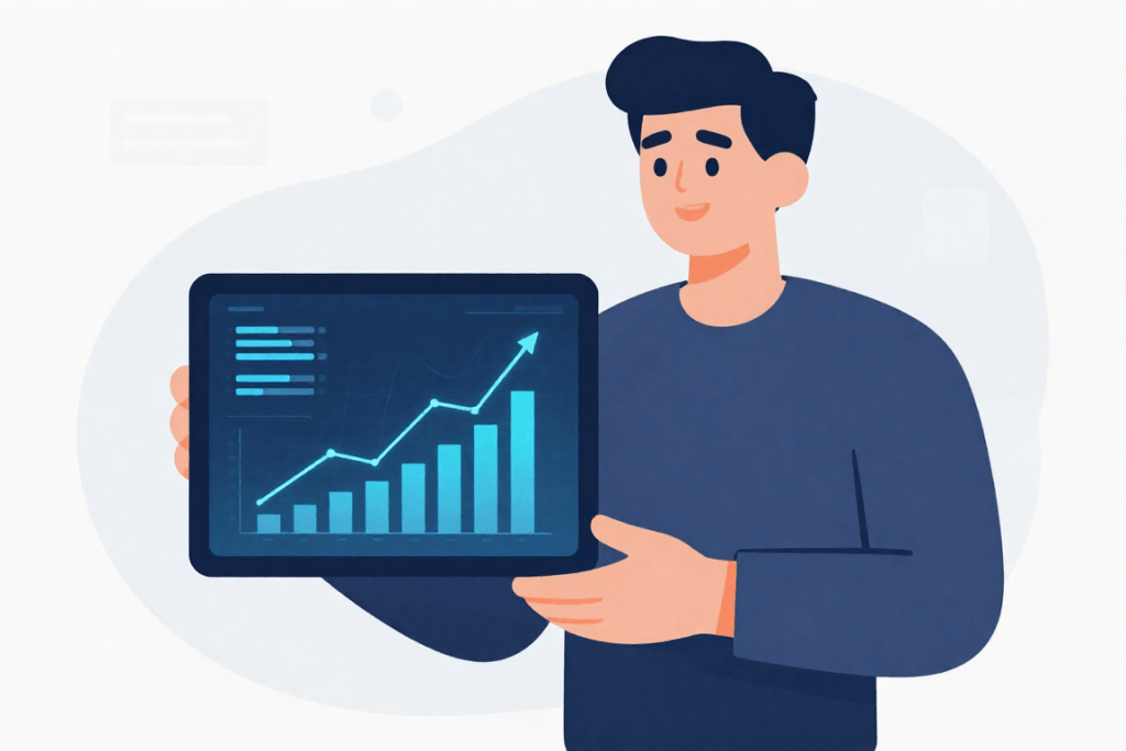 차세대 AI 테크 자본 확장과 자산 다변화 분산 시스템 속에서 다변화된 포트폴리오를 구성한 스마트 투자자의 모습을 시각화한 일러스트