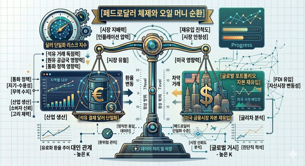 원유 대금 결제의 달러화 단일화 구조와 자본 유입 경로를 한글 타이틀로 명시한 전용 인포그래픽 구조도