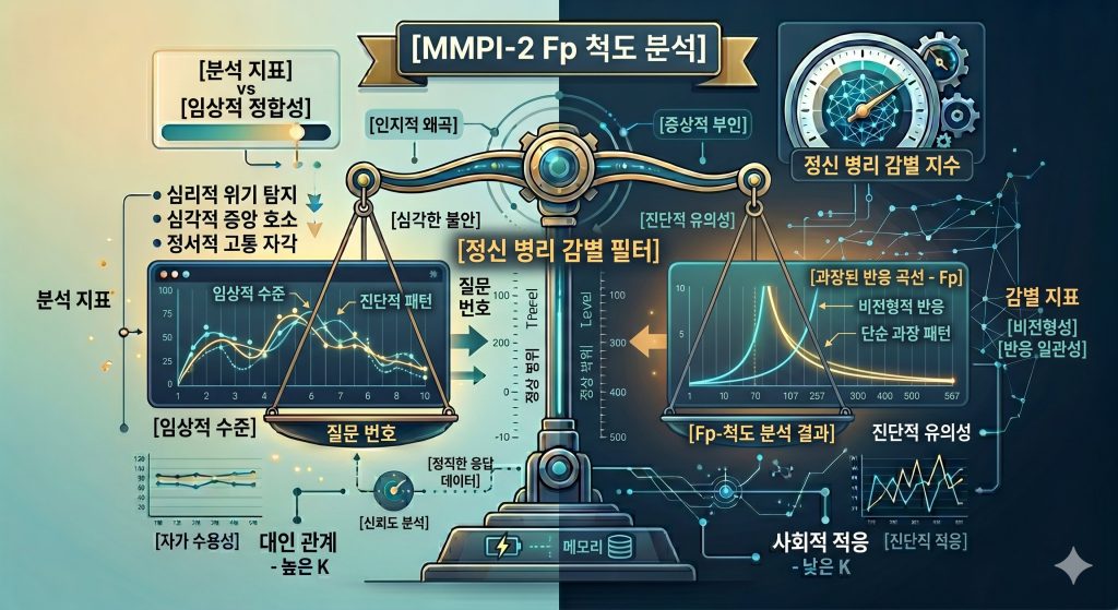 Fp 척도가 실제 정신과 환자의 응답 비율을 기반으로 의도적인 증상 과장을 분별하는 매커니즘을 시각화한 한글 타이틀 포함 테크니컬 인포그래픽 일러스트