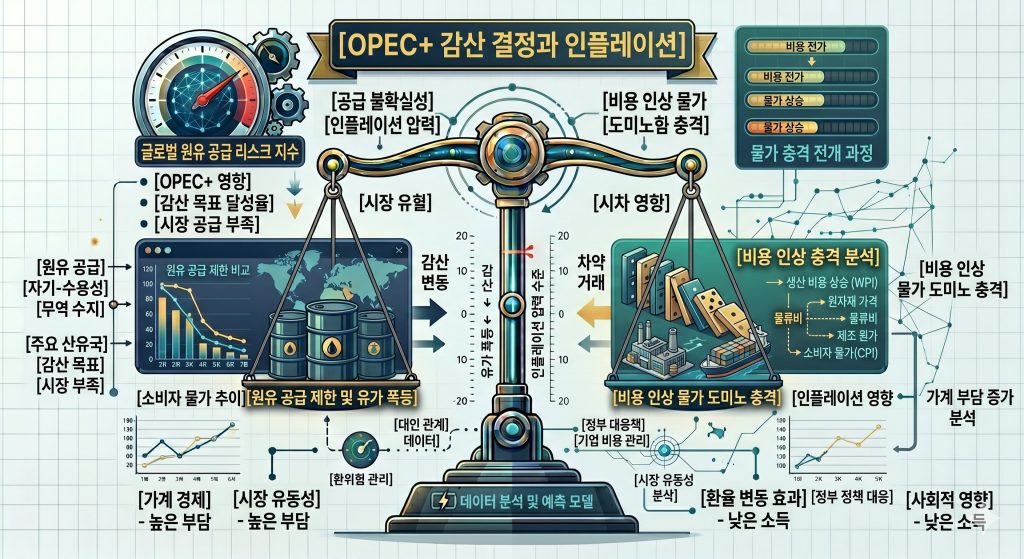 산유국의 공급 통제 조치가 국내 물가 상승으로 이어지는 경로를 한글 타이틀로 명시한 Google NanoBanana 2 전용 인포그래픽 구조도