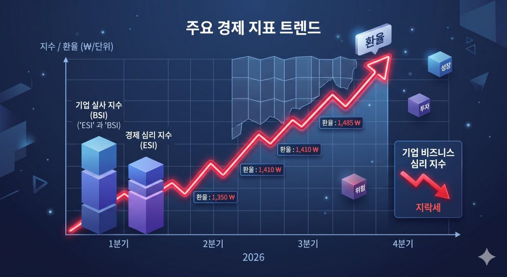 6월 기업 경기 전망 악화 지표와 원/달러 환율 상승 추이를 비교한 테크니컬 인포그래픽