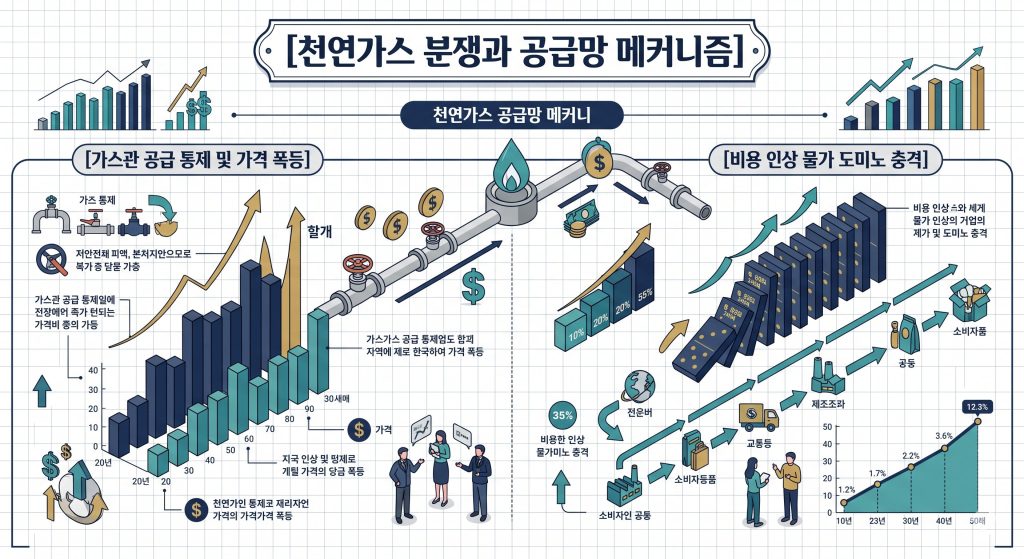 자원 공급 통제 조치가 글로벌 원자재 가격 폭등과 가계 물가 인상으로 이어지는 경로를 한글 타이틀로 명시한 인포그래픽 구조도