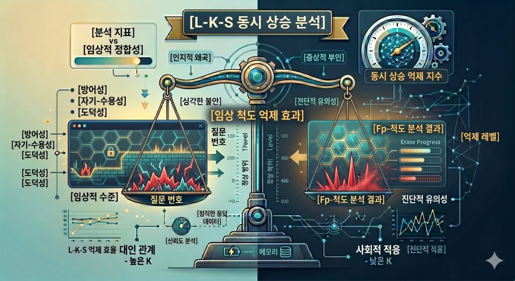 L-K-S 복합 상승이 임상 척도의 정서적 고통 신호를 억압하고 왜곡하는 구조를 표현한 한글 타이틀 포함 테크니컬 인포그래픽 일러스트