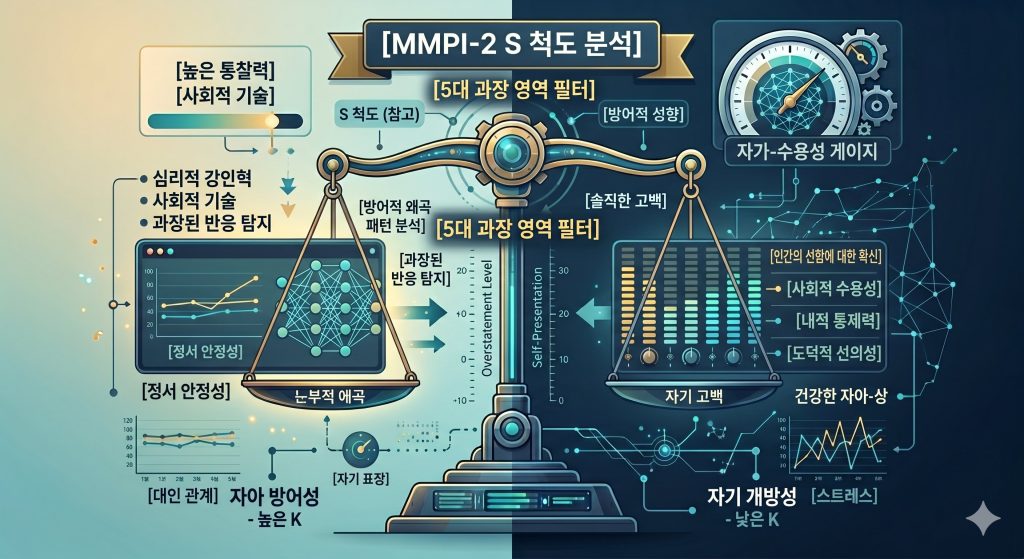 : S 척도가 5가지 영역의 과장된 자기제시 성향을 정밀하게 분류하는 메커니즘을 표현한 한글 타이틀 포함 인포그래픽 일러스트