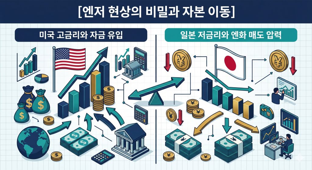 미일 금리 격차에 따른 글로벌 자본 이동과 엔화 가치 하락 원인을 한글 타이틀로 명시한 인포그래픽 구조도