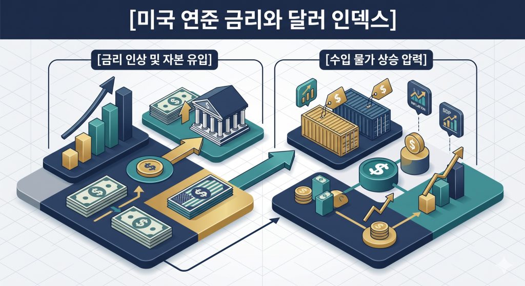 미국 연준 기준금리 인상 메커니즘과 글로벌 달러 인덱스의 작동 구조를 명시한 인포그래픽 구조도