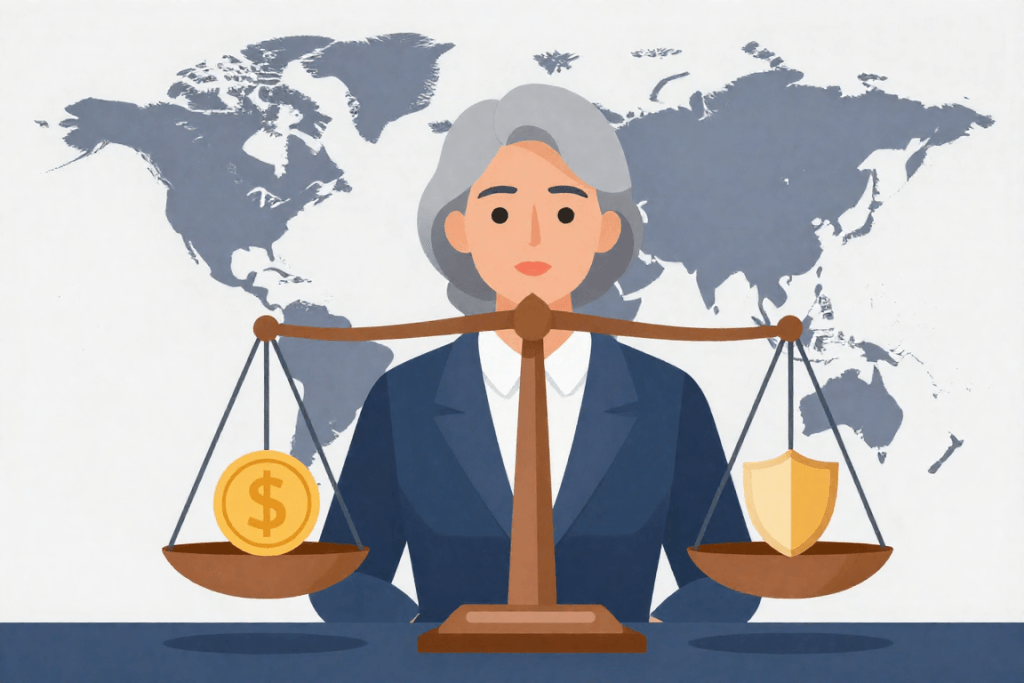 명한 자산 배분과 달러 자산 편입을 통한 미래 포트폴리오 방어 전략을 시각화한 일러스트