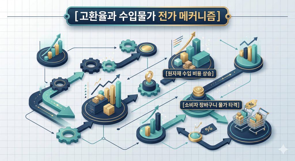 환율 상승이 국내 물가에 도미노 효과를 일으키는 경로를 한글 타이틀로 명시한  인포그래픽 구조도