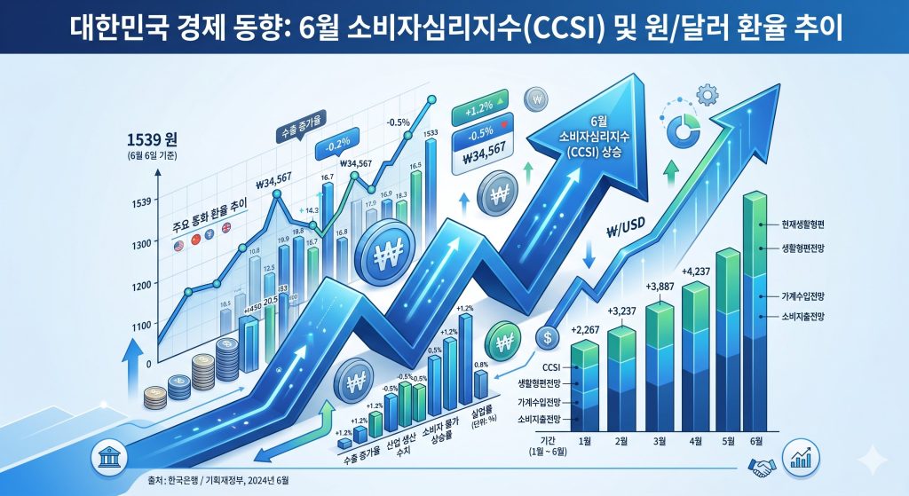6월 소비자심리지수 반등과 원/달러 환율 1,539원대 안착 현상을 비교해 보여주는 경제 인포그래픽