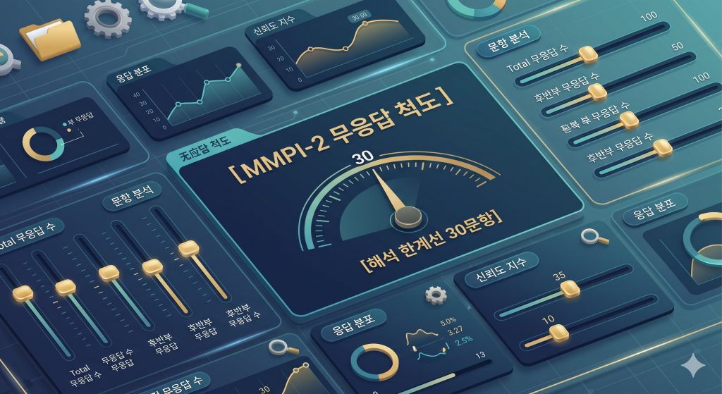 MMPI-2 무응답 척도의 본질과 인간의 망설임을 은유적으로 표현한 물음표 아이콘 3D 썸네일 이미지