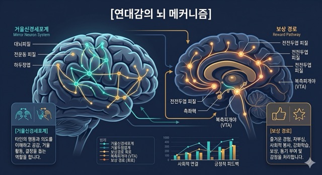 거울신경세포계와 한글 타이틀이 명확히 표현된 연대감의 뇌 메커니즘 3D 인포그래픽 TCI