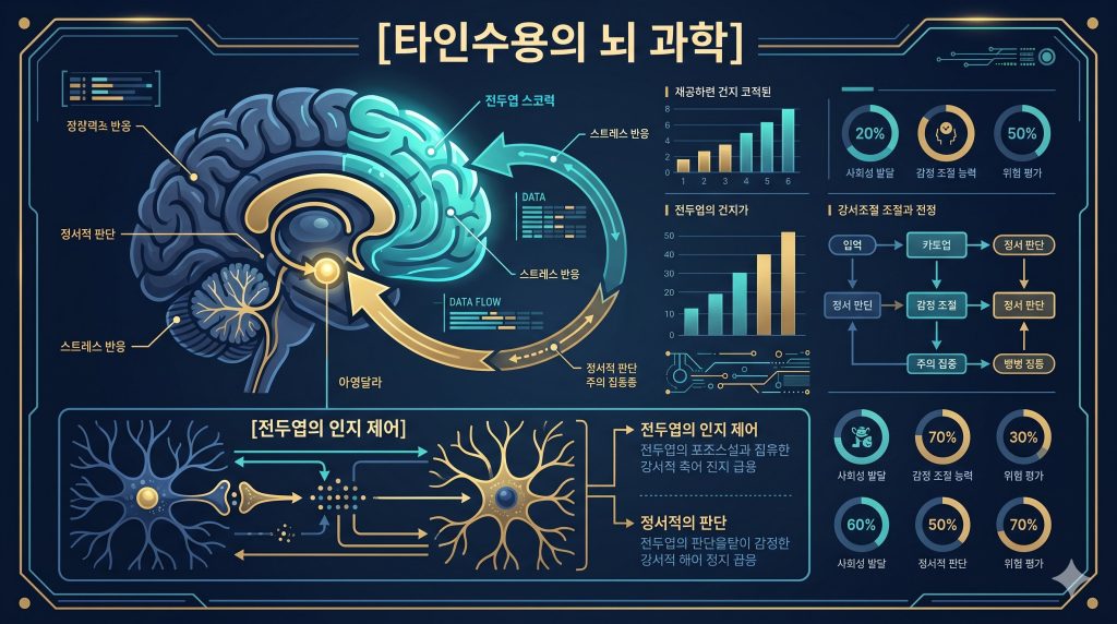 편도체와 전두엽의 조절 루프 및 한글 타이틀이 명확히 명시된 타인수용 능력을 높이는 뇌과학적 원리 인포그래픽