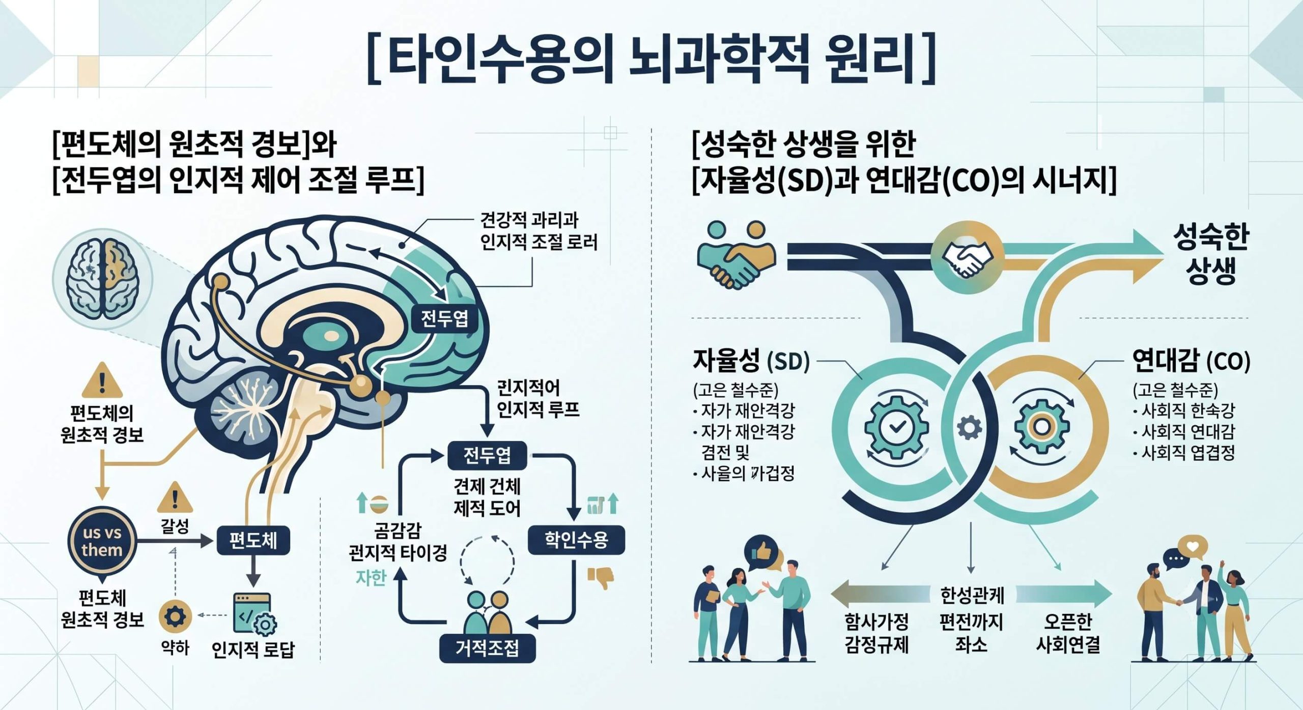타인수용 능력을 높이는 뇌과학적 원리를 설명하기 위해 편도체와 전두엽의 인지 제어 루프 및 자율성과 연대감의 상호작용을 요약한 국문 타이틀 포함 3D 테크니컬 인포그래픽 이미지