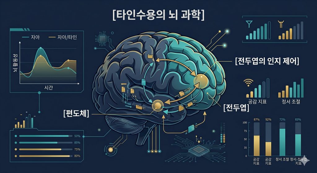 편도체와 전두엽의 조절 루프 및 한글 타이틀이 명확히 명시된 타인수용 능력을 높이는 뇌과학적 원리 인포그래픽