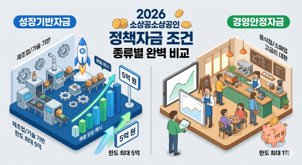 소상공인 정책자금 조건의 성장기반자금과 경영안정자금을 비교하는 국문 표기 인포그래픽