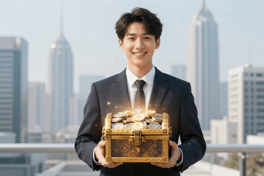 청년미래적금을 통해 자산 관리의 주체로 거듭난 청년의 미래와 목돈 마련 성공을 시각화한 일러스트