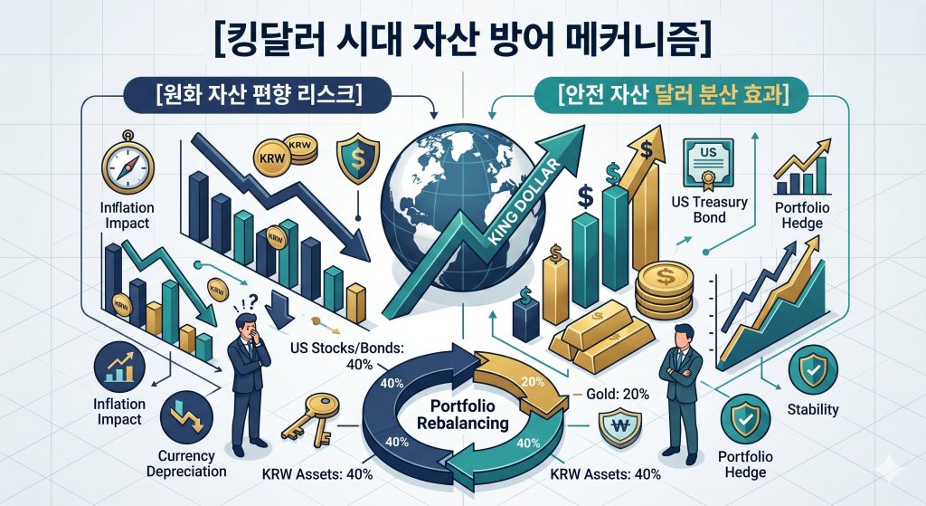 강달러 시기 원화 자산의 하락 위험을 달러 자산이 상쇄해주는 포트폴리오 구조를 한글 타이틀로 명시한 인포그래픽 구조도