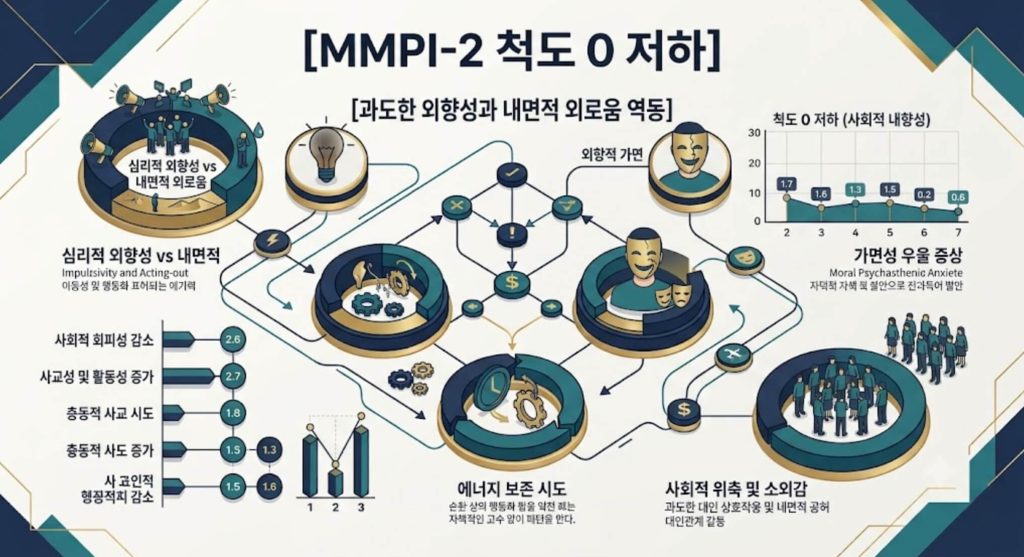 MMPI-2 척도 0 저하 프로파일의 표면적 사교성 구조와 내면적 외로움 역동을 시각화한 한글 타이틀 포함 테크니컬 인포그래픽 일러스트