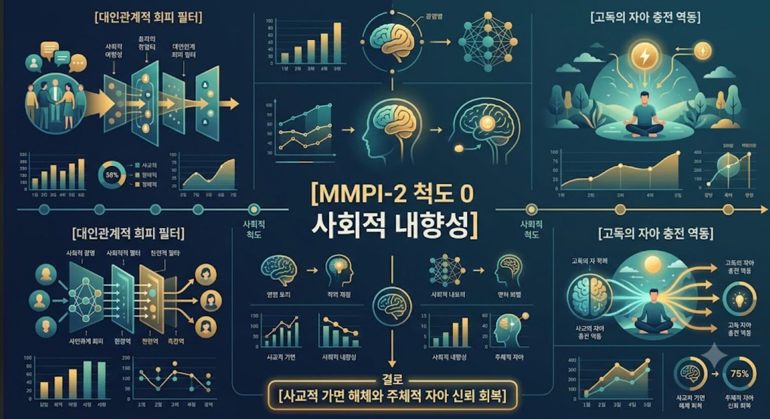 MPI-2 척도 0 사회적 내향성 지표의 대인관계적 회피 필터와 내면의 고독성 구조를 시각화한 한글 타이틀 포함 테크니컬 인포그래픽 일러스트