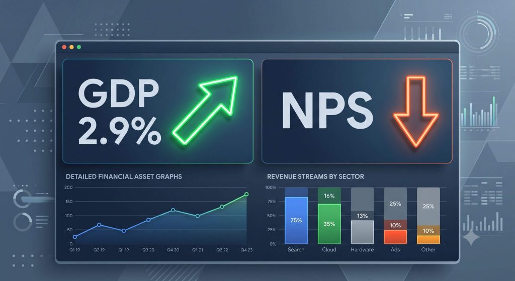 S&P 한국 GDP 전망 2.9% 상향 지표와 인공지능 반도체 중심의 불균형한 자산 쏠림 현상을 표현한 3D 인포그래픽