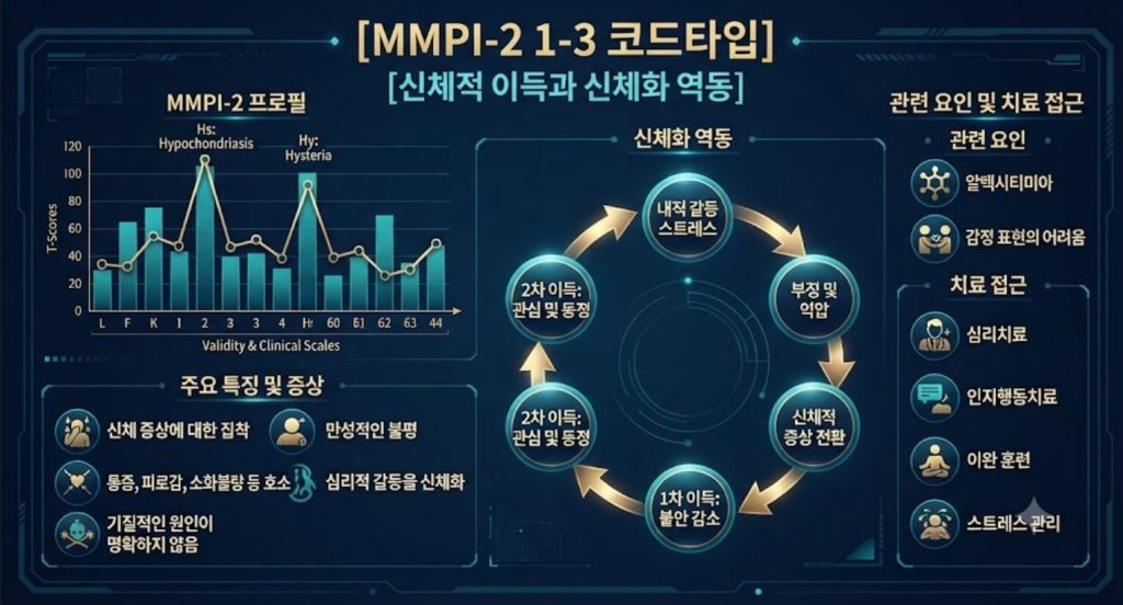 MMPI-2 1-3 코드타입 프로파일의 신체적 이득 구조와 신체화 역동을 시각화한 한글 타이틀 포함 테크니컬 인포그래픽 일러스트