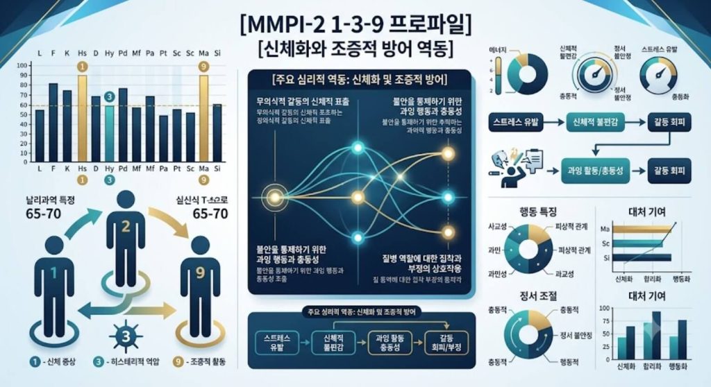 MMPI-2 1-3-9 프로파일의 삼각 동시 상승 구조와 신체 증상 및 조증 방어 역동을 시각화한 한글 타이틀 포함 테크니컬 인포그래픽 일러스트