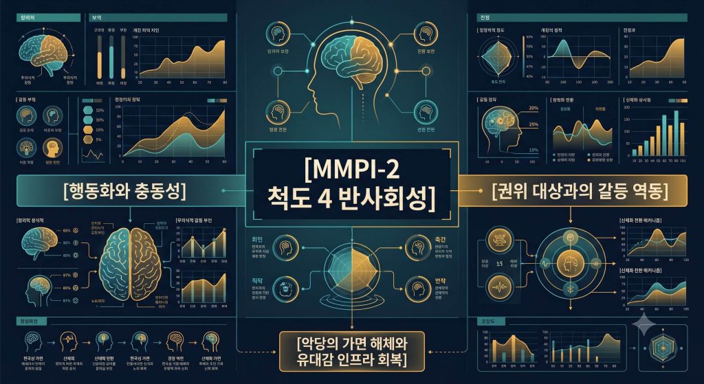 MMPI-2 척도 4 반사회성 지표의 충동적 행동화 구조 및 권위 갈등 매커니즘을 시각화한 한글 타이틀 포함 테크니컬 인포그래픽 일러스트