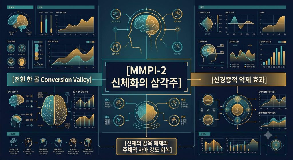 MMPI-2 신체화의 삼각주 프로파일의 척도 1-2-3번 동시 상승 구조와 억제 효과 메커니즘을 시각화한 한글 타이틀 포함 테크니컬 인포그래픽 일러스트