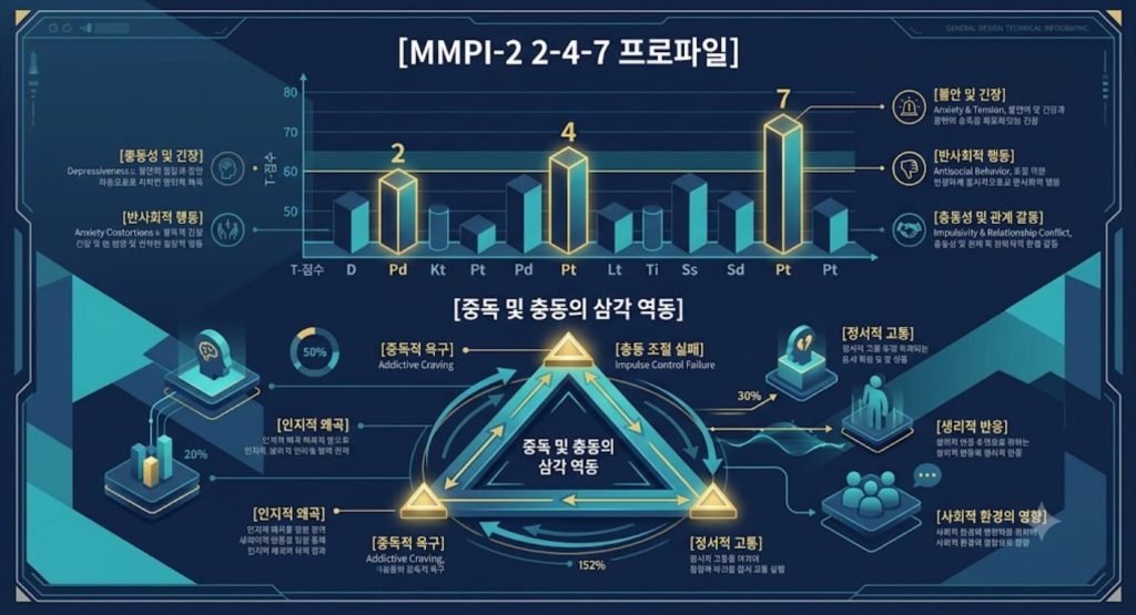 MMPI-2 2-4-7 프로파일의 삼각 동시 상승 구조와 중독 및 충동 심리학 역동을 시각화한 한글 타이틀 포함 테크니컬 인포그래픽 일러스트