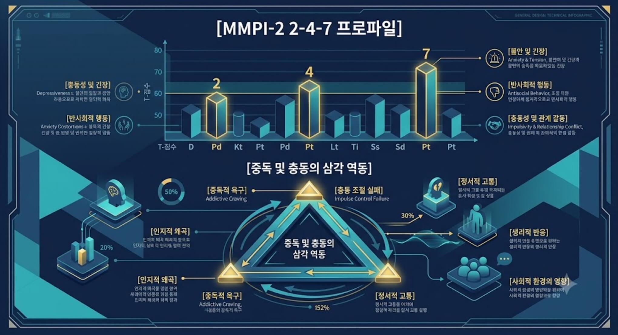 MMPI-2 2-4-7 프로파일의 삼각 동시 상승 구조와 중독 및 충동 심리학 역동을 시각화한 한글 타이틀 포함 테크니컬 인포그래픽 일러스트