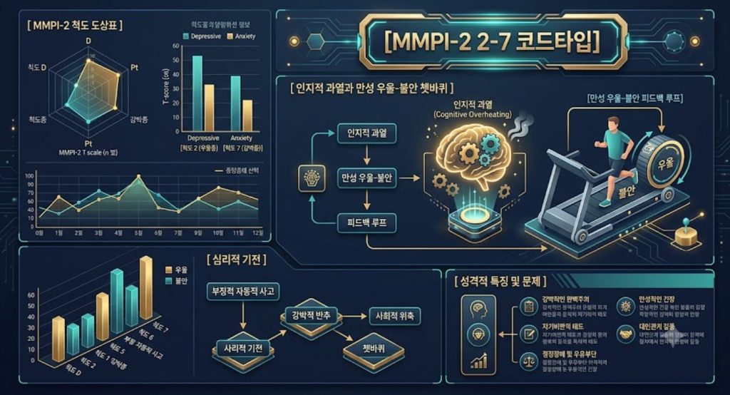 MMPI-2 2-7 코드타입 프로파일의 인지적 불안-우울 악순환 구조와 자기 자비 치유 역동을 시각화한 한글 타이틀 포함 테크니컬 인포그래픽 일러스트