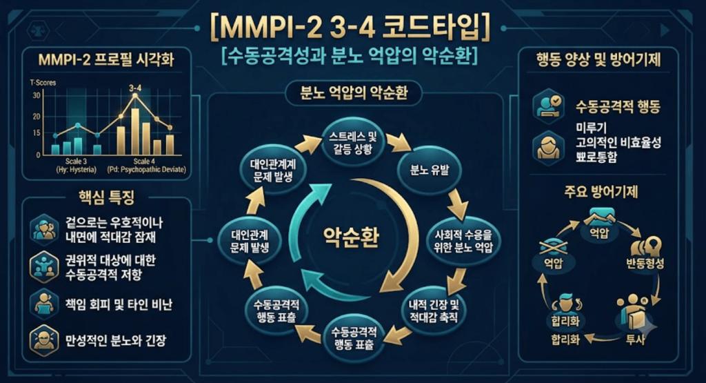 MMPI-2 3-4 코드타입 프로파일의 수동공격성 구조와 분노 억압의 악순환을 시각화한 한글 타이틀 포함 테크니컬 인포그래픽 일러스트