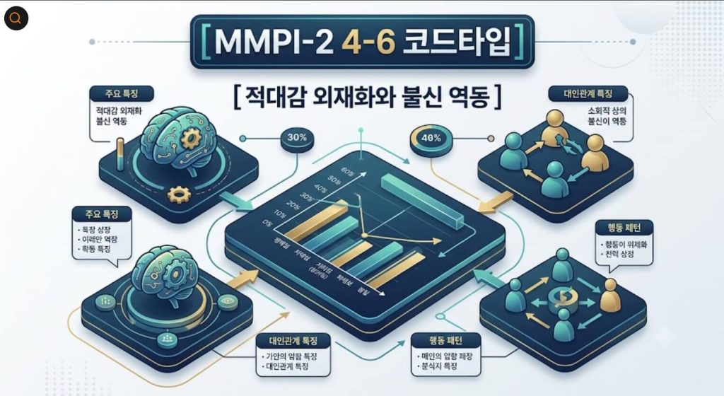MMPI-2 4-6 코드타입 프로파일의 수치 구조와 적대감 외재화 역동을 시각화한 한글 타이틀 포함 테크니컬 인포그래픽 일러스트
