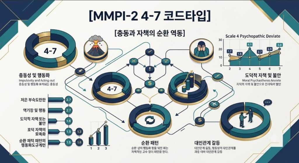 MMPI-2 4-7 코드타입 프로파일의 충동과 자책의 순환 구조 및 역동을 시각화한 한글 타이틀 포함 테크니컬 인포그래픽 일러스트