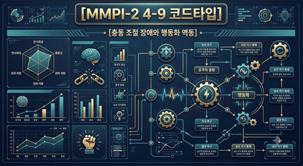 MMPI-2 4-9 코드타입 프로파일의 충동 조절 장애 구조와 행동화 역동을 시각화한 한글 타이틀 포함 테크니컬 인포그래픽 일러스트