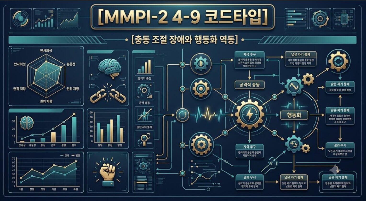 MMPI-2 4-9 코드타입 프로파일의 충동 조절 장애 구조와 행동화 역동을 시각화한 한글 타이틀 포함 테크니컬 인포그래픽 일러스트