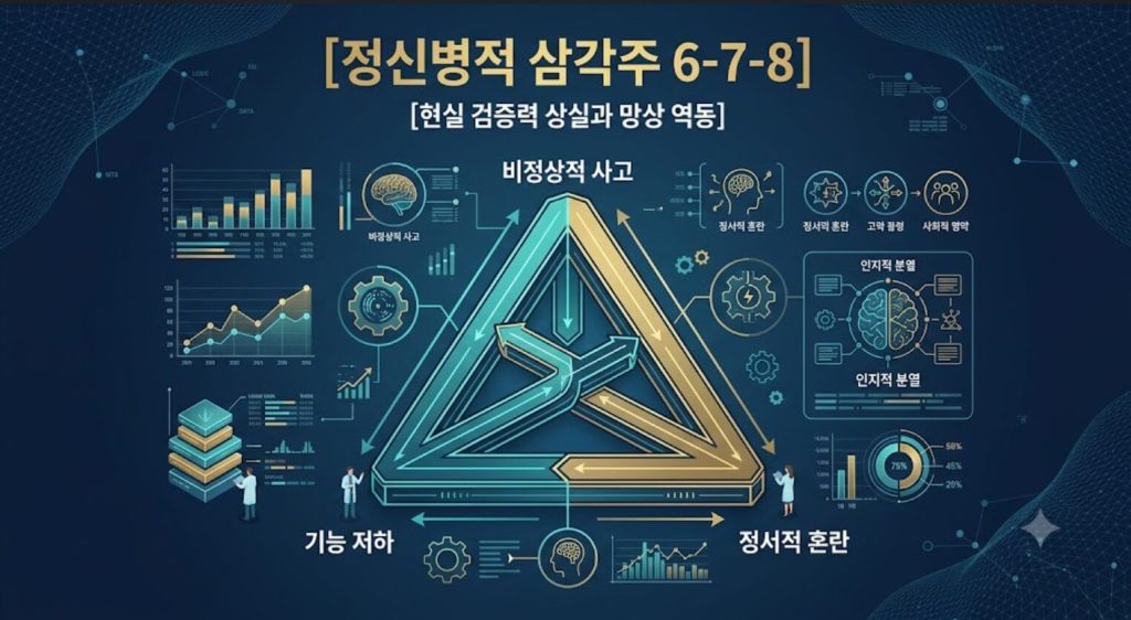MMPI-2 정신병적 삼각주 프로파일의 6-7-8 수치 구조와 망상적 고립 역동을 시각화한 한글 타이틀 포함 테크니컬 인포그래픽 일러스트